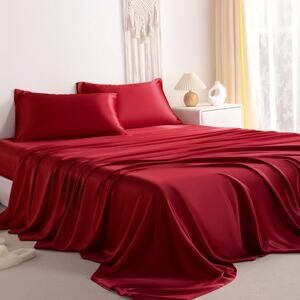 4 Pieces Satin Bed Sheet Set, Silky Cooling Soft Sheet Set, King, Wine Red